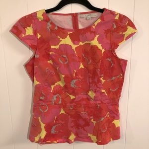 Loft Petite Floral Pink/Red/Yellow Tailored Zip up Cap Sleeve Blouse 4P